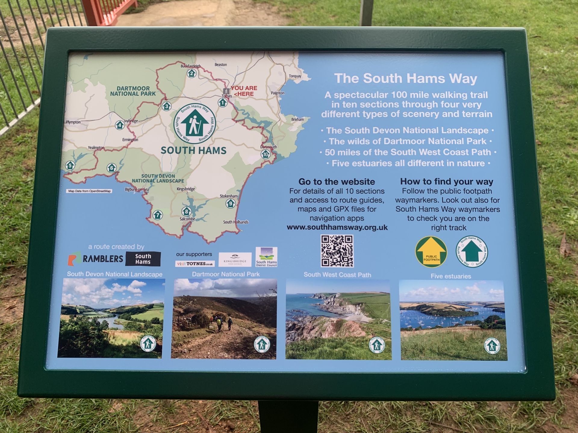 South Hams Way information board at the start of the trail in Borough Park, Totnes